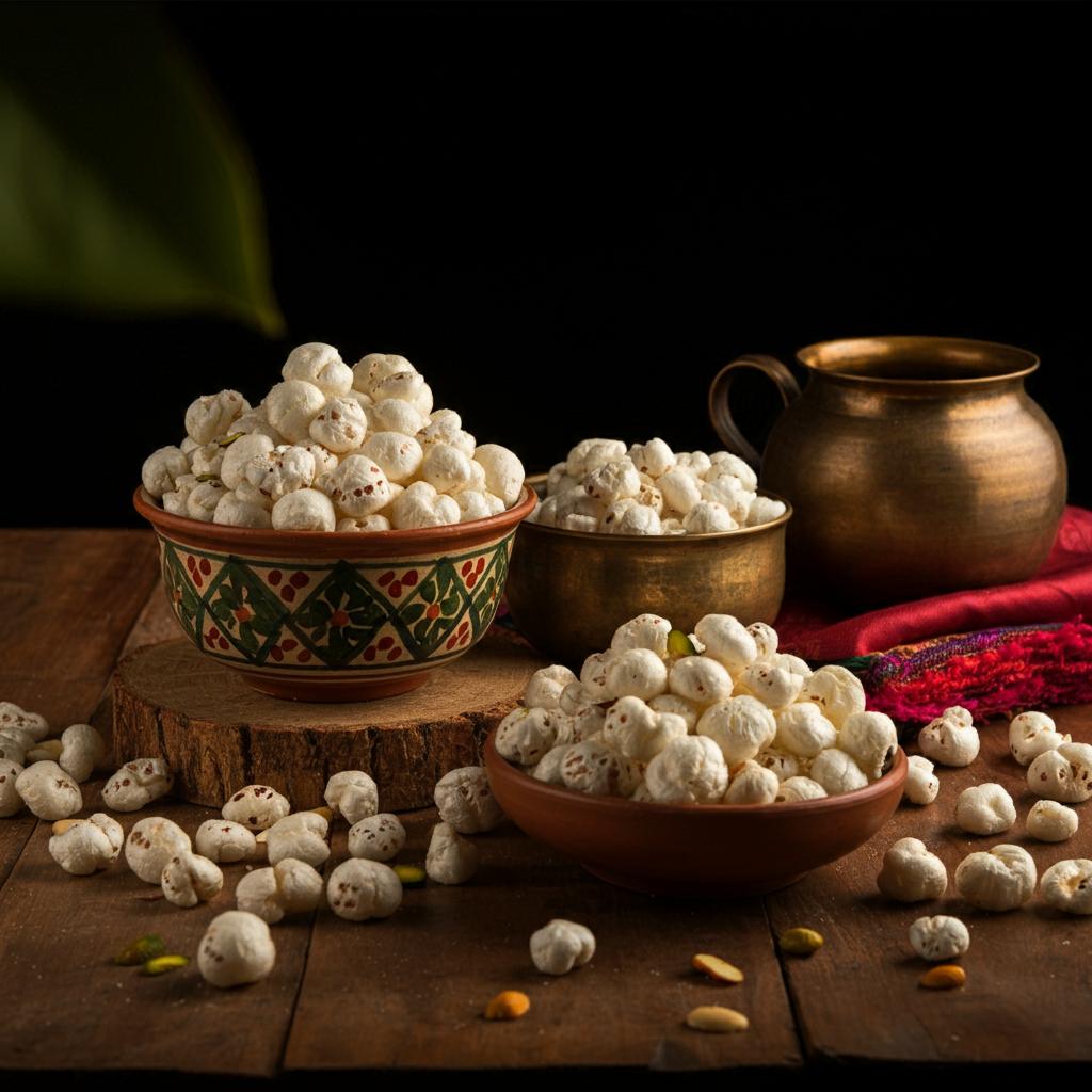 Sharda Makhana displayed in traditional ceramic and brass bowls