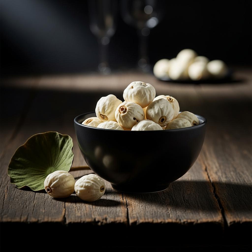 Close-up of premium Sharda Makhana in a dark bowl